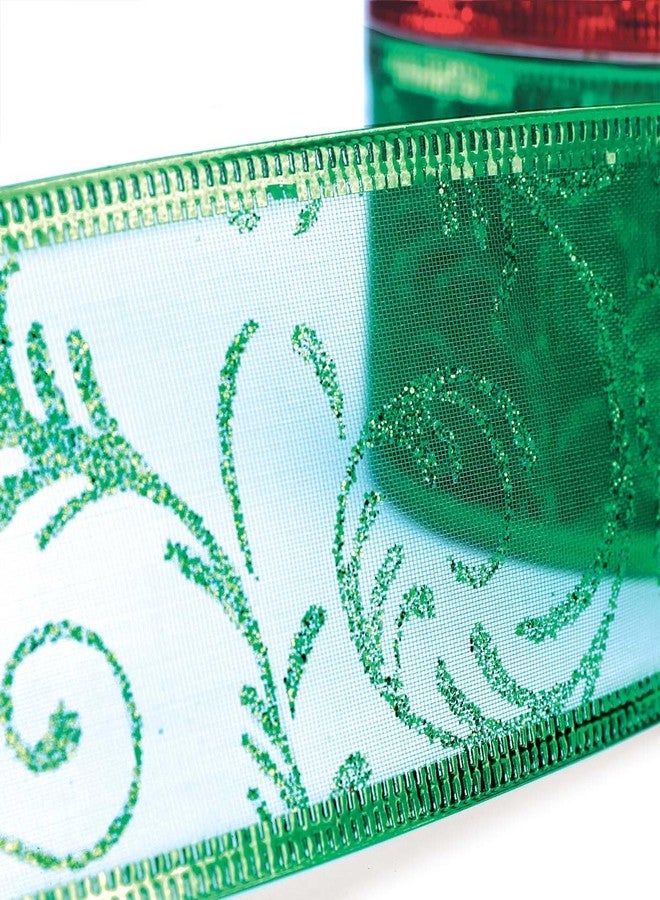 أوليفان شريط تغليف هدايا عيد الميلاد، شرائط سلكية خضراء وحمراء، مجموعة أورجانزا فضية شفافة، 50 ياردة، لتزيين شجرة عيد الميلاد، لوازم تنسيق الزهور والحرف اليدوية. - Image 2